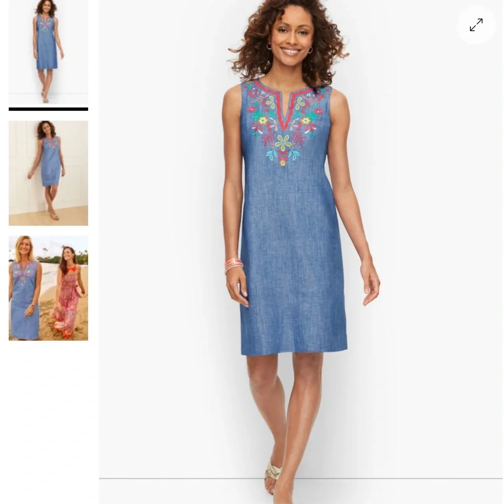 Talbots Dress Linen Blue Embroidered 16 - Picture 2 of 15